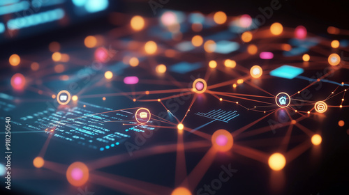 a digital marketing strategy featuring a glowing network of interconnected social media icons, analytics graphs and a laptop screen displaying an active marketing campaign