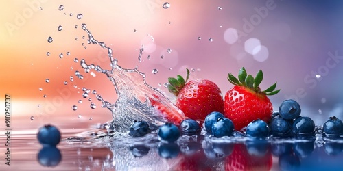 High-speed photography of splashing berries, strawberries, and blueberries with abstract background photo