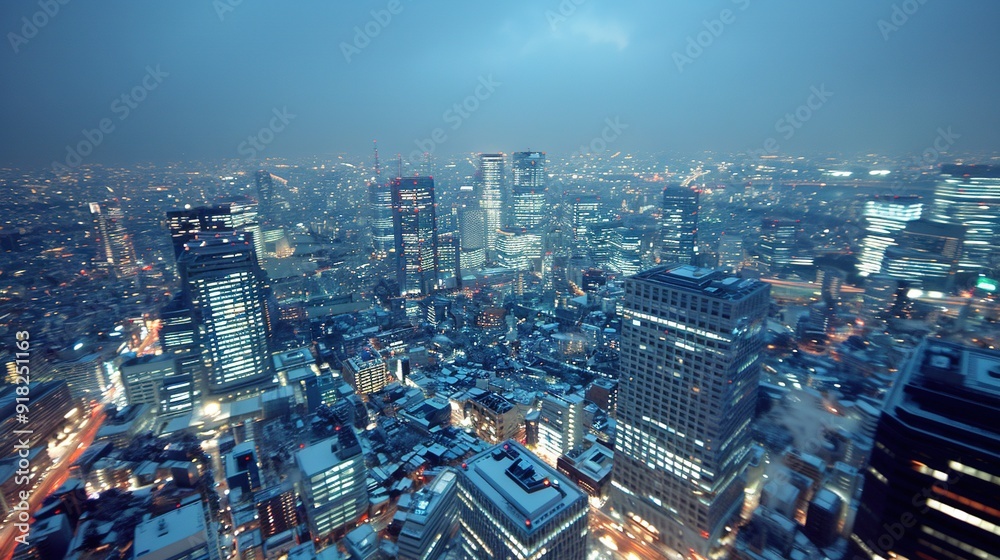 A stunning city skyline at night from the summit of a towering building amidst urban sprawl A stunning city skyline at night from the summit of a towering building amidst urban sprawl