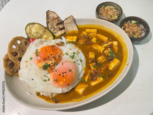 Tofu and Mushroom Curry sauce with fried vegetable and soft fried egg photo