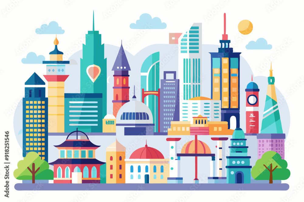 Colorful Cityscape with Diverse Architecture and Buildings Colorful Cityscape with Diverse Architecture and Buildings
