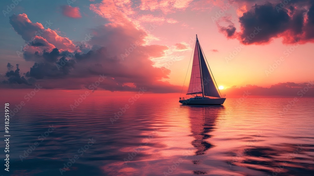 Fototapeta premium Sailboat at Sunset with Pink Clouds - A sailboat glides through calm waters under a vibrant pink sunset sky. The image represents peace, freedom, travel, and the beauty of nature.