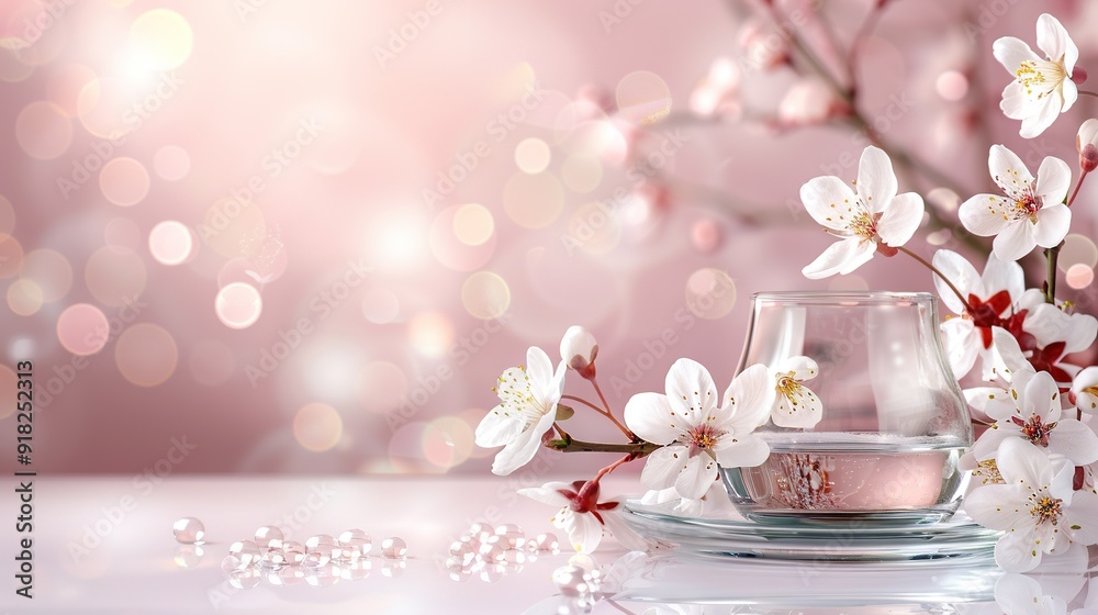 Filled vase of water with white flowers in front of pink backdrop Filled vase of water with white flowers in front of pink backdrop