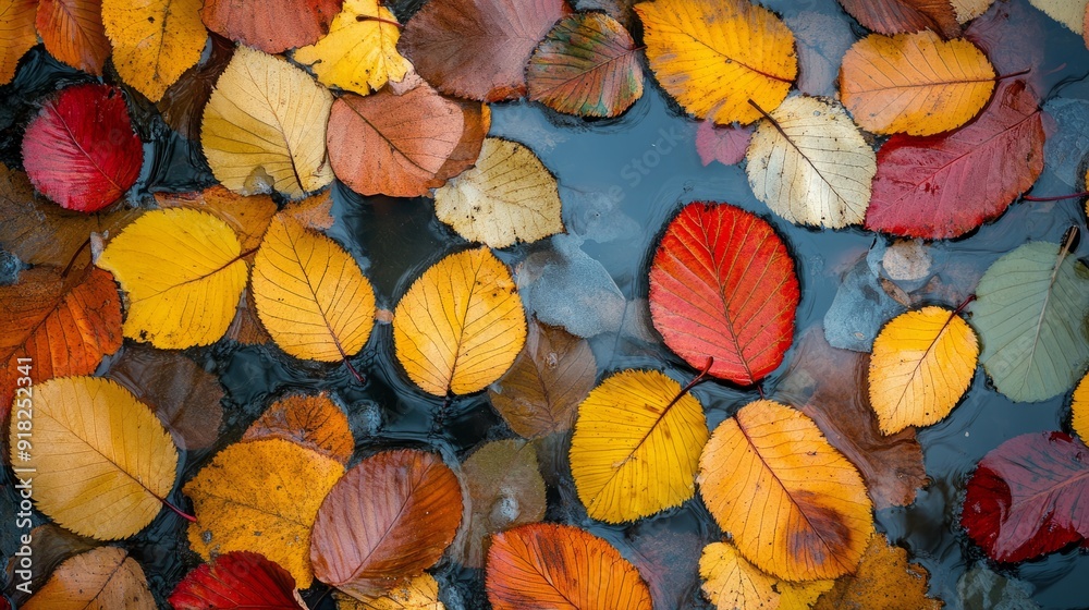 colorful autumn leaves floating on the surface of a lake colorful autumn leaves floating on the surface of a lake