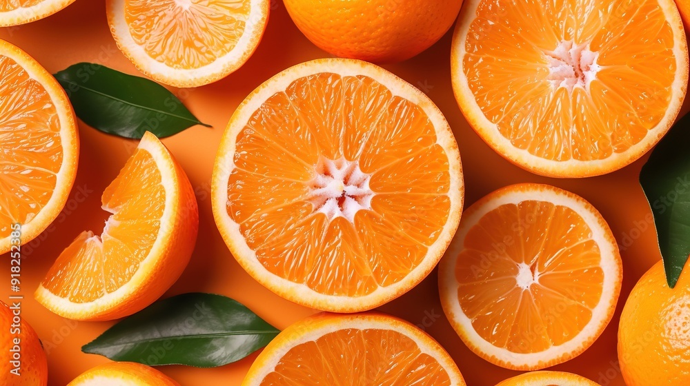 Orange halves with leaves on top and bottom Orange halves with leaves on top and bottom