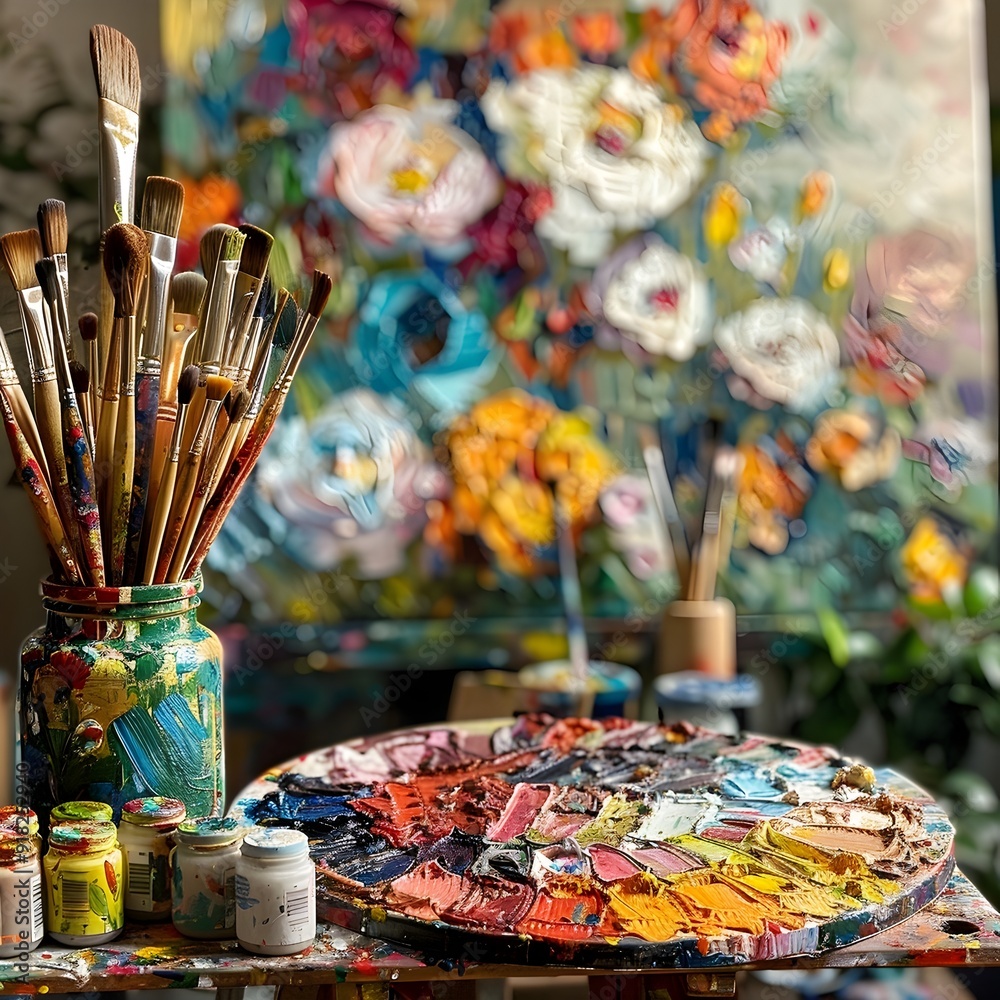 Vibrant Painter s Palette with Brushes and Canvas in the Background Vibrant Painter s Palette with Brushes and Canvas in the Background