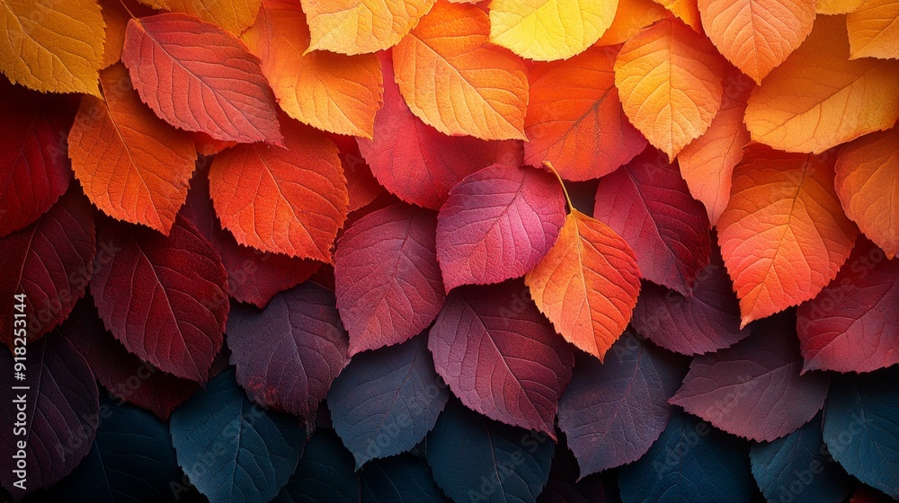 Colorful autumn leaves arranged in a gradient from yellow to dark blue. Colorful autumn leaves arranged in a gradient from yellow to dark blue.