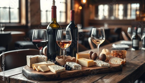 A sophisticated wine and cheese arrangement is elegantly displayed on a rustic wooden table in a chic restaurant. Warm lighting highlights the rich hues of the wine and textures of artisanal cheeses