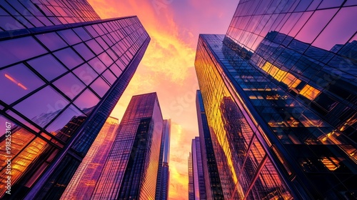 modern urban skyline at sunset, featuring sleek skyscrapers with reflective glass facades and a vibrant orange and purple sky