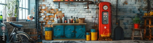 Wallpaper Mural Vintage Gas Station Pump and Oil Cans in Nostalgic Industrial Atmosphere Torontodigital.ca