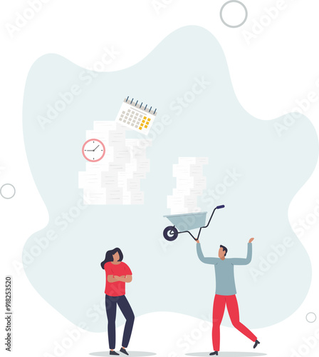 wheelbarrow full of paper documents, sorting unorganized stacks and heap.business and time management concept.flat design with people.