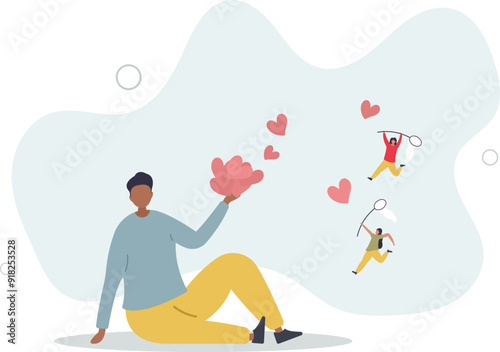 People catch flying red hearts with net .woman run and attract reactions of friends, collect likes in social media.flat design with people.