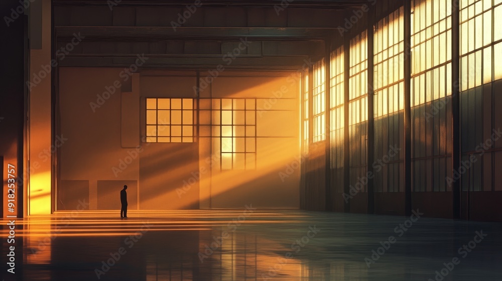 Silhouette of a Man in a Sunlit Warehouse - A lone figure stands in a vast warehouse, bathed in warm sunlight streaming through large windows. The image evokes a sense of solitude, hope, and new begin Silhouette of a Man in a Sunlit Warehouse - A lone figure stands in a vast warehouse, bathed in warm sunlight streaming through large windows. The image evokes a sense of solitude, hope, and new begin