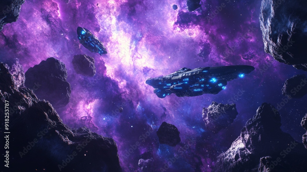Obraz premium Two futuristic spaceships fly through an asteroid field in a purple nebula.