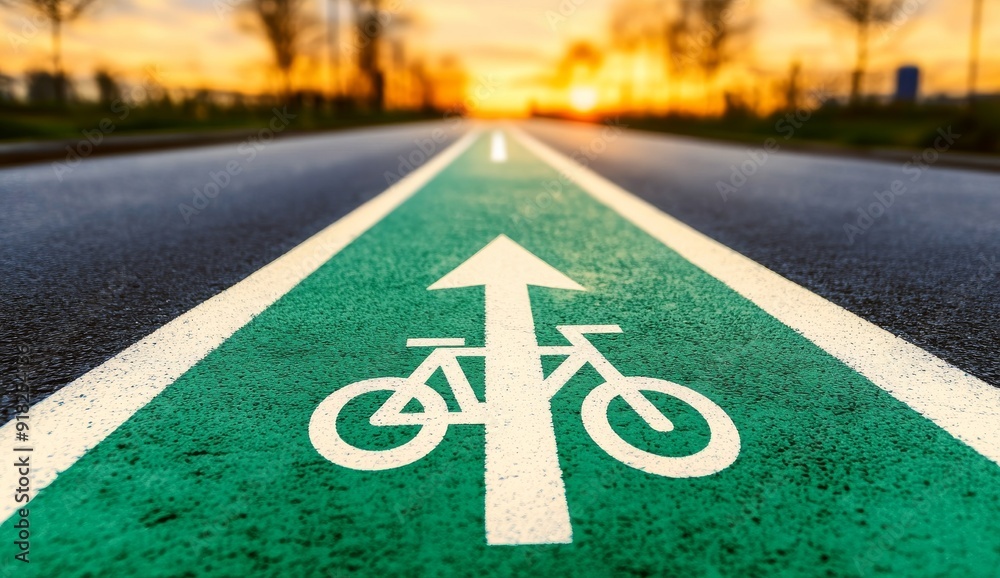 Fototapeta premium Green painted bike path with white arrow and bicycle icon on the road, sunset in the background