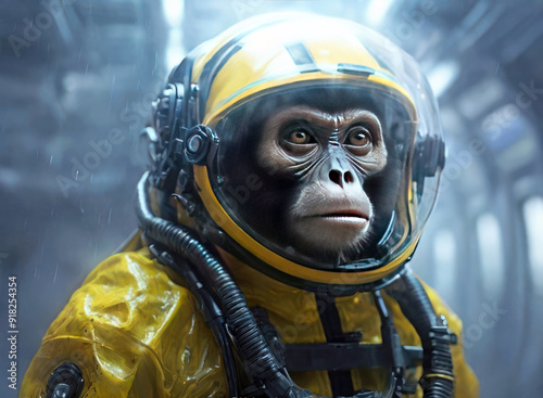 An astronaut monkey in a yellow space suit inside a spaceship