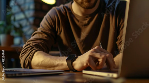 Focused Workflow Man with Smartwatch and Laptop at Work AI Generated photo