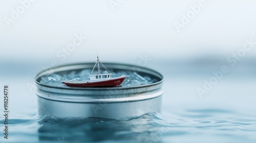 A bright red model of a boat is shown floating on a tin can partially submerged in water, evoking an artistic portrayal and playful representation of maritime adventure. photo