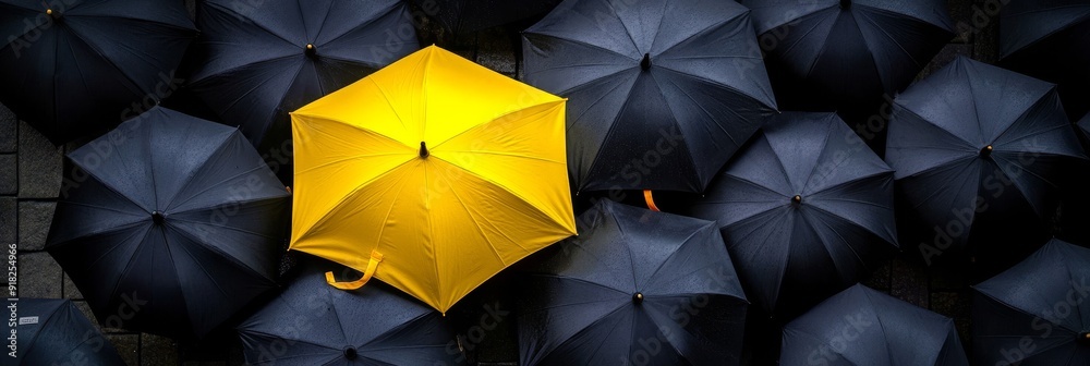 Stand Out From The Crowd: A Yellow Umbrella In A Sea Of Black - A single yellow umbrella stands out amongst a sea of black umbrellas, symbolizing individuality, uniqueness, and the importance of stand Stand Out From The Crowd: A Yellow Umbrella In A Sea Of Black - A single yellow umbrella stands out amongst a sea of black umbrellas, symbolizing individuality, uniqueness, and the importance of stand