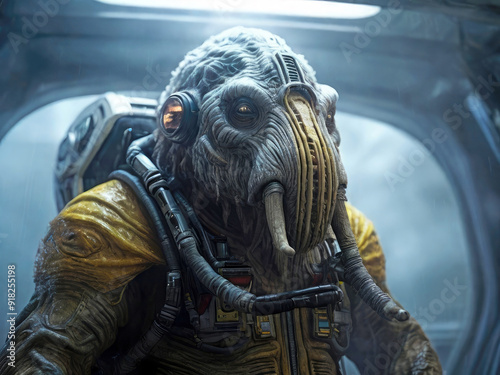 A alien astronaut with tusks and a snout in a yellow space suit inside a spaceship	