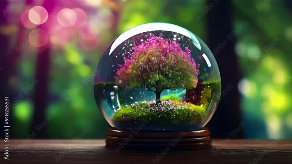 Glass ball with a tree with colorful leaves. Comfortable background with bokeh effect. Seamless 4K looping timelapse video animation generated AI Glass ball with a tree with colorful leaves. Comfortable background with bokeh effect. Seamless 4K looping timelapse video animation generated AI
