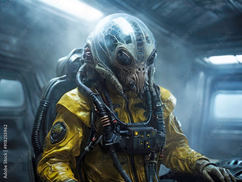 Fototapeta premium A alien astronaut in a yellow space suit and helmet inside a spaceship