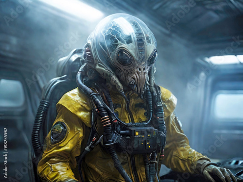 A alien astronaut in a yellow space suit and helmet inside a spaceship	
