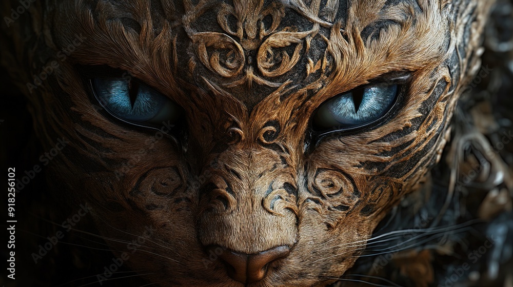 Enchanting Close-Up Portrait of a Human-Cat Hybrid: A Stunning Poster for Unique Sports Decor, Featuring Ornate Skin Designs, Piercing Blue Eyes, and a Somber Expression with Intricate Textures Enchanting Close-Up Portrait of a Human-Cat Hybrid: A Stunning Poster for Unique Sports Decor, Featuring Ornate Skin Designs, Piercing Blue Eyes, and a Somber Expression with Intricate Textures