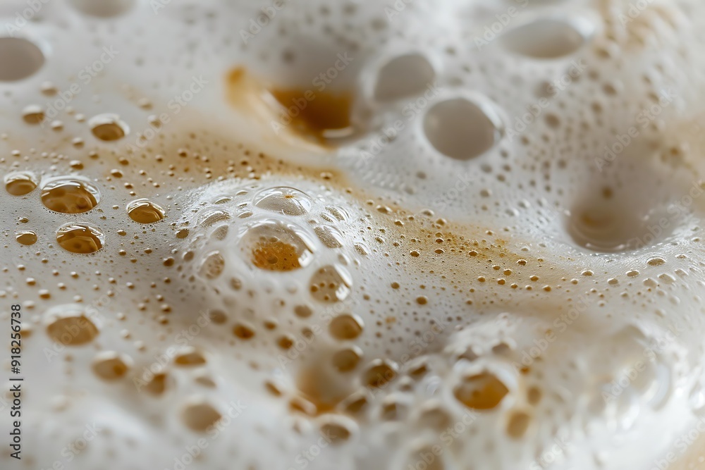 Close-up of coffee foam with bubbles and brown liquid.