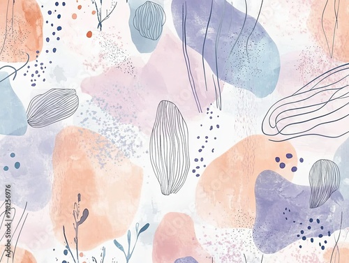 Wallpaper Mural Abstract Watercolor Pattern with Organic Shapes and Line Art in Soft Pastels. Torontodigital.ca