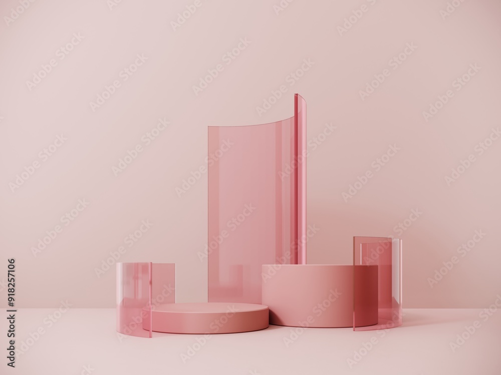 3d render of minimal glass podium, showcase. Pink display surrounded by transparent abstract shapes for advertising and product presentations, cosmetics, fashion. Trendy stylish pastel illustration. 3d render of minimal glass podium, showcase. Pink display surrounded by transparent abstract shapes for advertising and product presentations, cosmetics, fashion. Trendy stylish pastel illustration.