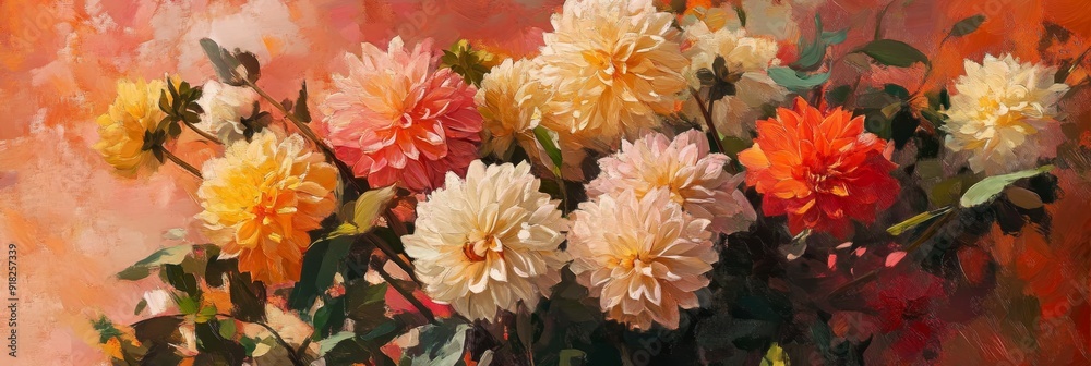 Vibrant Dahlias Bouquet in Soft Light - A close-up of a bouquet of dahlias in various colors, showcasing the beauty of nature. Soft light illuminates the petals, highlighting their texture and vibrant Vibrant Dahlias Bouquet in Soft Light - A close-up of a bouquet of dahlias in various colors, showcasing the beauty of nature. Soft light illuminates the petals, highlighting their texture and vibrant