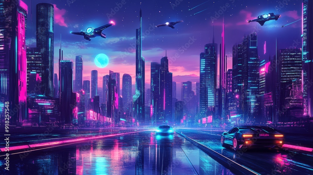 a futuristic cyberpunk cityscape with tall skyscrapers, flying cars and advanced public transport a futuristic cyberpunk cityscape with tall skyscrapers, flying cars and advanced public transport