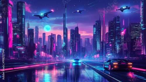 a futuristic cyberpunk cityscape with tall skyscrapers, flying cars and advanced public transport