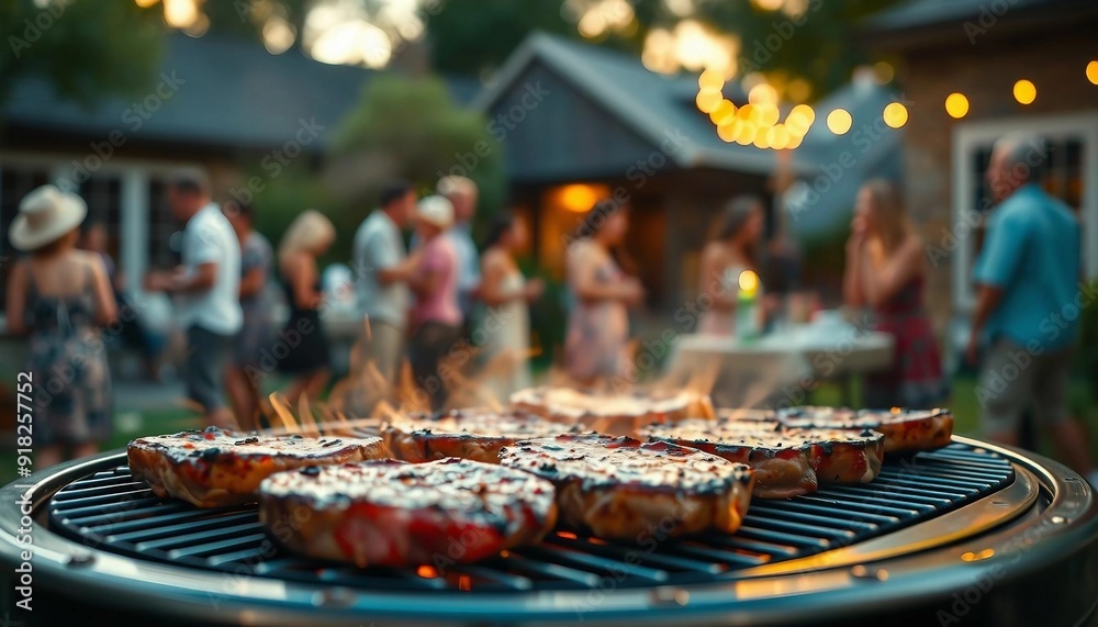 Fototapeta premium Steaks sizzle on the grill in a backyard, with a warm sunset casting a golden light. Blurred figures of people enjoy the lively, relaxed atmosphere.