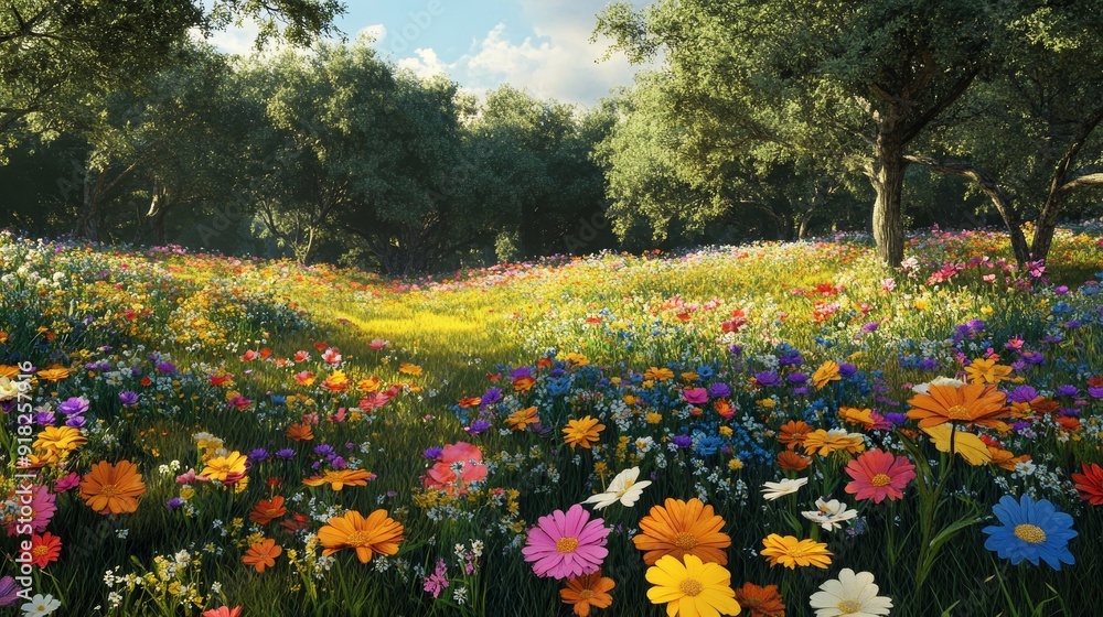 Vibrant Wildflower Meadow with Lush Green Trees - A picturesque meadow bursting with colorful wildflowers, bathed in warm sunlight and surrounded by towering green trees. It symbolizes nature's beauty Vibrant Wildflower Meadow with Lush Green Trees - A picturesque meadow bursting with colorful wildflowers, bathed in warm sunlight and surrounded by towering green trees. It symbolizes nature's beauty