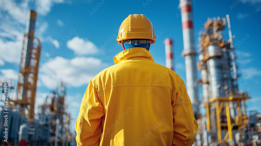 Engineer in yellow protective gear at an industrial refinery, inspecting oil and gas processing equipment Engineer in yellow protective gear at an industrial refinery, inspecting oil and gas processing equipment