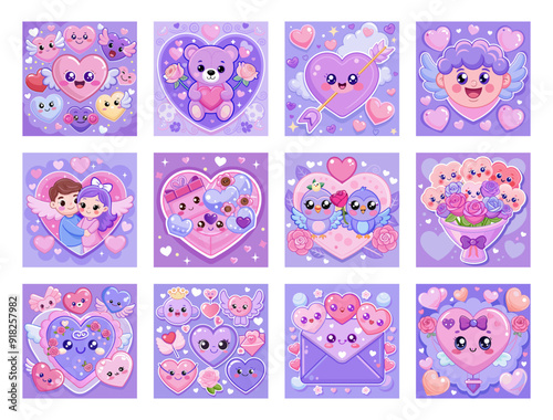 Charming Purple Valentine's Day Icons with Hearts and Characters