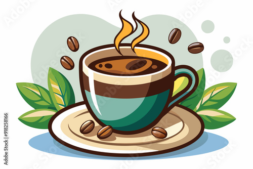 A steaming cup of coffee with coffee beans and leaves