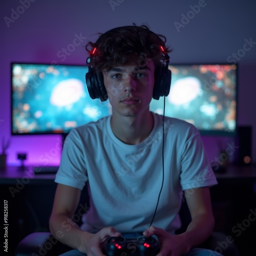 A focused gamer immersed in a neon-lit environment, wearing headphones and typing on a mechanical keyboard during an intense gaming session.