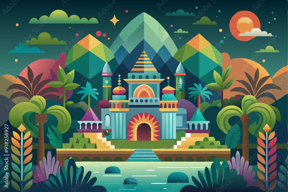 A Colorful Palace nestled in a Lush Jungle Landscape under a Starry Night Sky