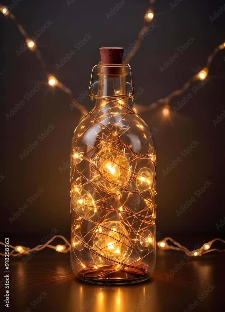 Colorful glass bottle filled with string lights, creating a vibrant and whimsical visual effect against a dark background Colorful glass bottle filled with string lights, creating a vibrant and whimsical visual effect against a dark background