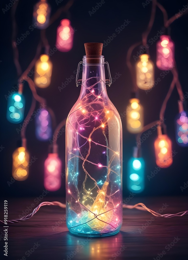 Colorful glass bottle filled with string lights, creating a vibrant and whimsical visual effect against a dark background