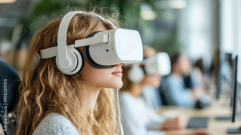 Young woman using a virtual reality headset in an office setting, symbolizing immersive technology and VR training