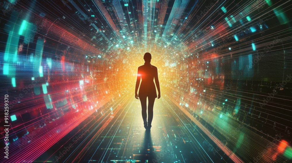 Woman Walking Towards the Light in a Digital Tunnel - A woman walks confidently towards a bright, ethereal light at the end of a tunnel made of digital data, symbolizing progress, innovation, future, Woman Walking Towards the Light in a Digital Tunnel - A woman walks confidently towards a bright, ethereal light at the end of a tunnel made of digital data, symbolizing progress, innovation, future,