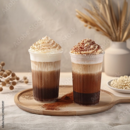  A wooden tray with oatmeal and two drinks