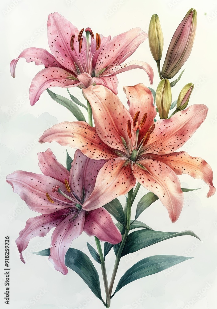 A beautiful illustration of pink lilies with buds, showcasing their delicate features. A beautiful illustration of pink lilies with buds, showcasing their delicate features.