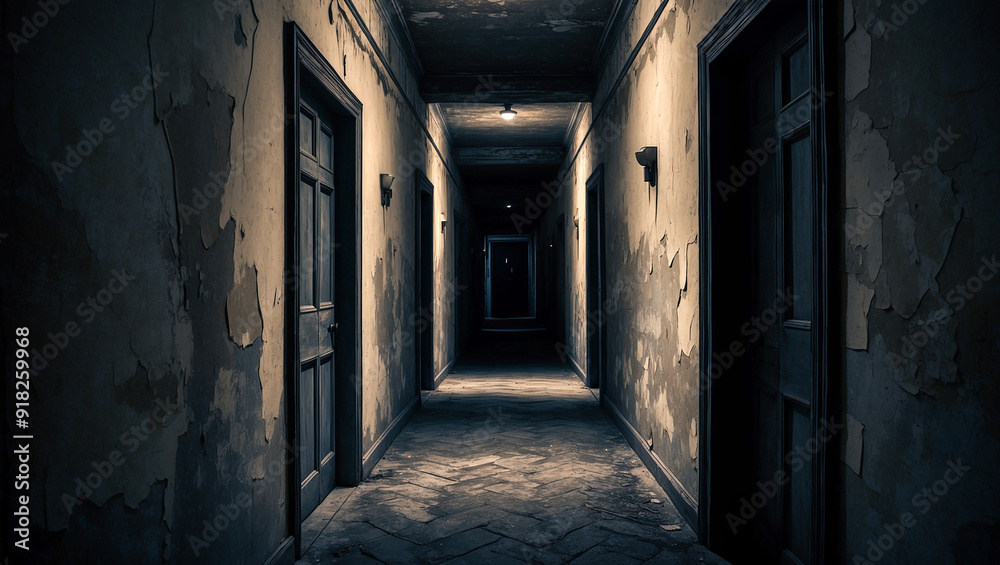 The narrow corridors were shrouded in darkness, with flickering lights casting eerie shadows on the peeling walls. The narrow corridors were shrouded in darkness, with flickering lights casting eerie shadows on the peeling walls.