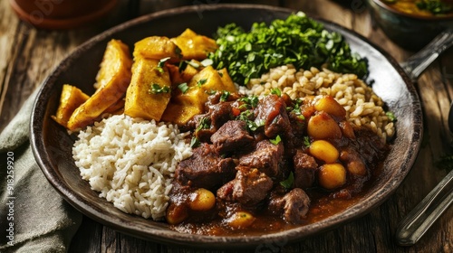 A beautifully plated traditional Dominican food, captured from the perspective of a famous food photographer.