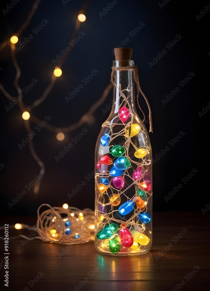 Colorful glass bottle filled with string lights, creating a vibrant and whimsical visual effect against a dark background Colorful glass bottle filled with string lights, creating a vibrant and whimsical visual effect against a dark background